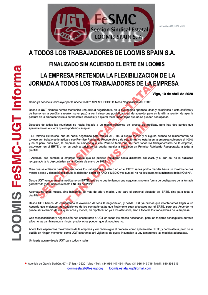 COMUNICADO UGT FIN ERTE LOOMIS SIN ACUERDO